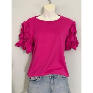 Valentine's DENIMLAND Women's Hot Pink Ruffle Sleeet Top Size Medium Made in USA